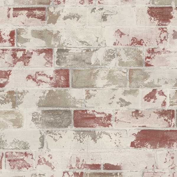 Brick vinyl wallpaper featuring a distressed design with a mix of white, beige, and red tones, suitable for covering 55 square feet.