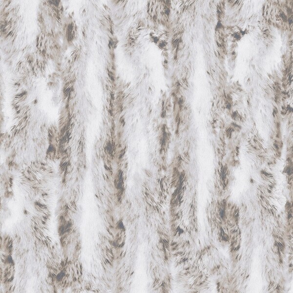 Chinchilla fur vinyl wallpaper in a soft white and light brown pattern, designed to mimic fur texture, available in a roll covering 55 sq. ft.