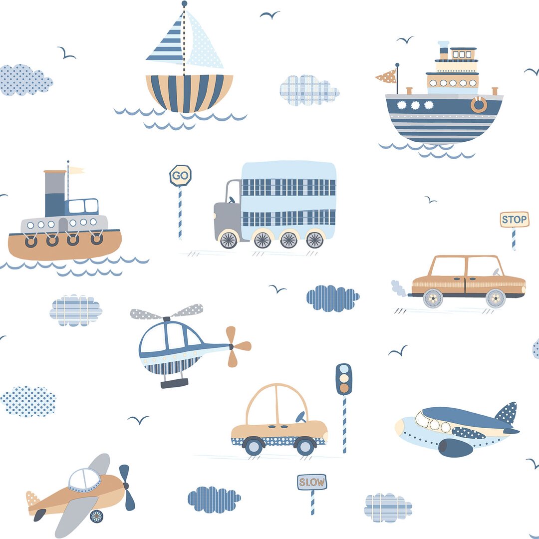 Brown and blue wallpaper featuring playful transportation motifs, including boats, cars, helicopters, and planes, set against a white background with clouds and traffic signs.