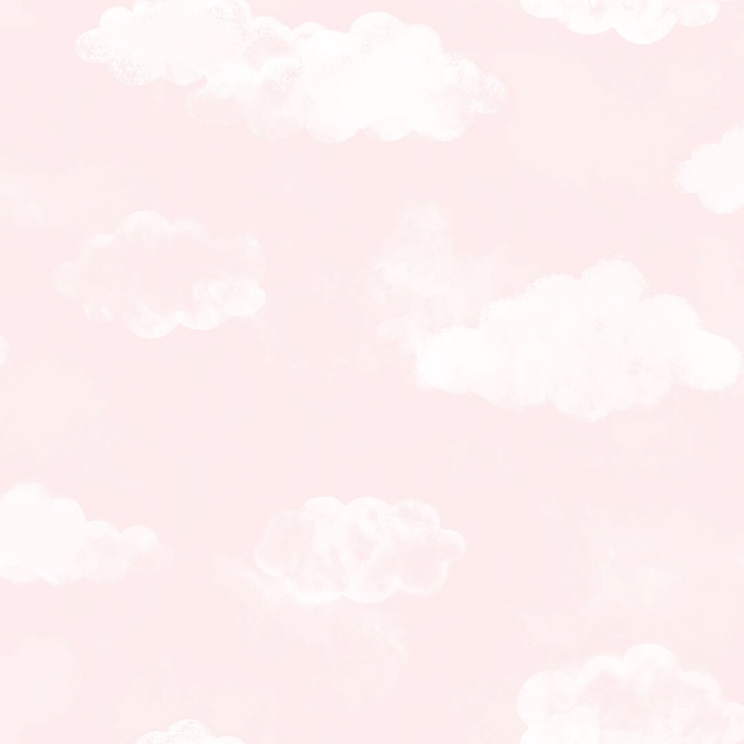 Soft pink wallpaper featuring fluffy white clouds, creating a whimsical, dreamy atmosphere, perfect for a child's room or nursery.