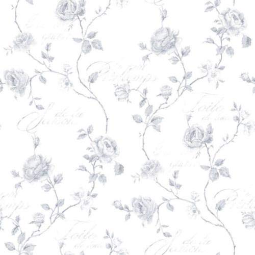 Smooth wallpaper featuring a vintage rose design in soft gray tones on a white background, measuring 33 feet long by 21 inches wide, with delicate floral motifs and script accents.