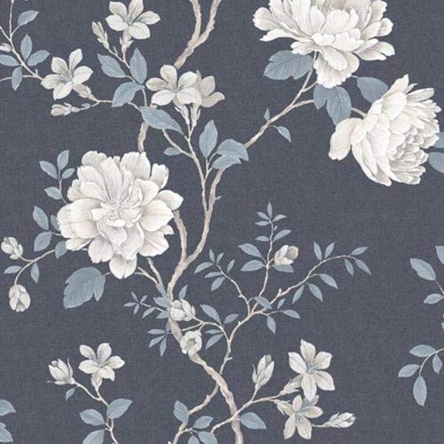 Vintage roses and delicate magnolia flowers in soft cream and blue hues on a dark gray background, featuring intricate floral patterns on a 33' L x 21" W wallpaper roll.