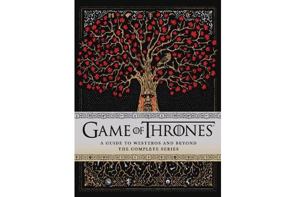 Cover featuring a large tree with red leaves and a face, intricate black and gold patterns, and the title "Game of Thrones" prominently displayed at the center.