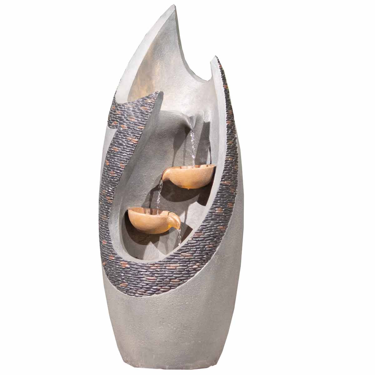 Cascading fountain with a wave design in gray and green, featuring two brown bowls, textured stone accents, and an integrated LED light for illumination.