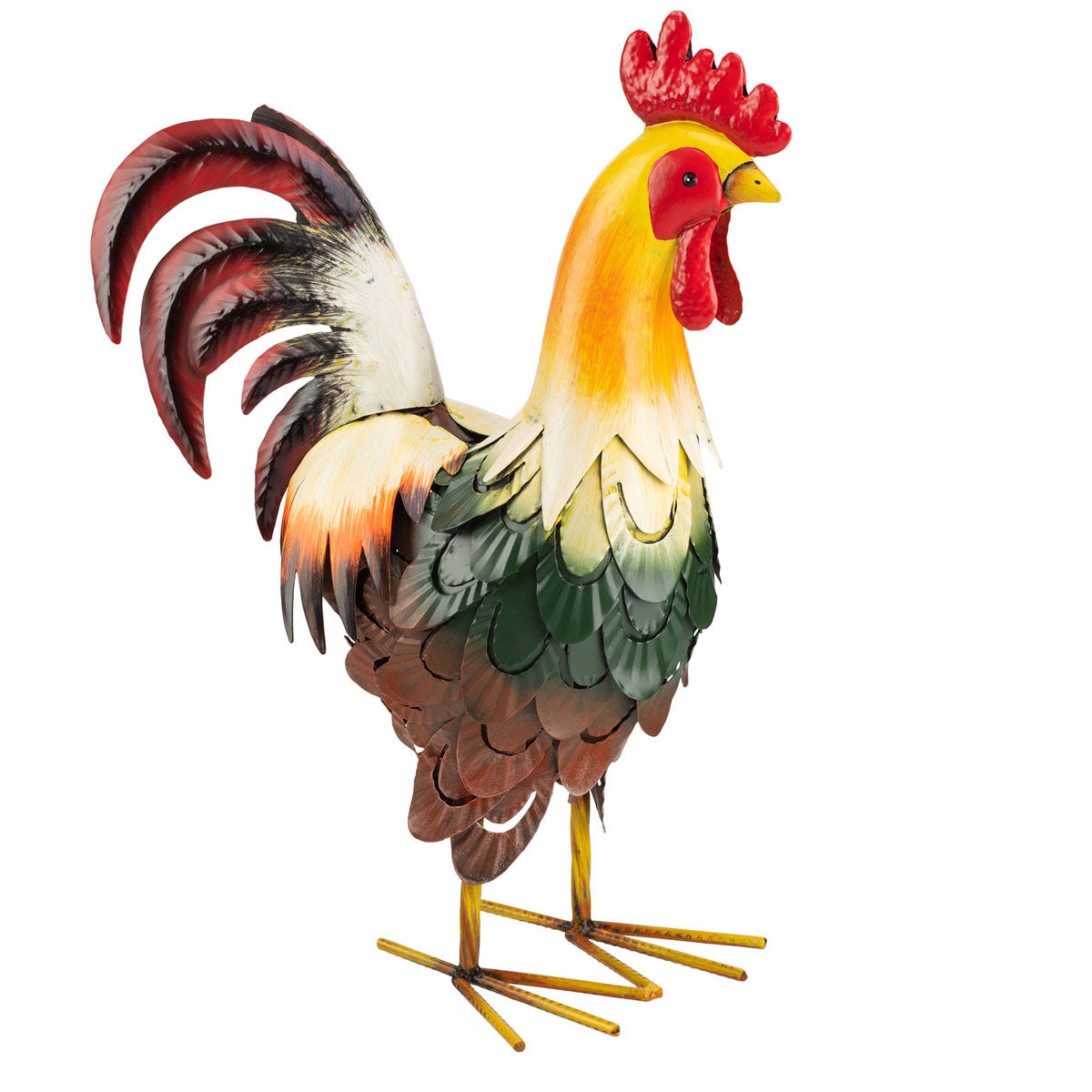 Metal cockerel garden ornament featuring vibrant colors, including red, yellow, green, and brown, with detailed feather design and sturdy metal legs.