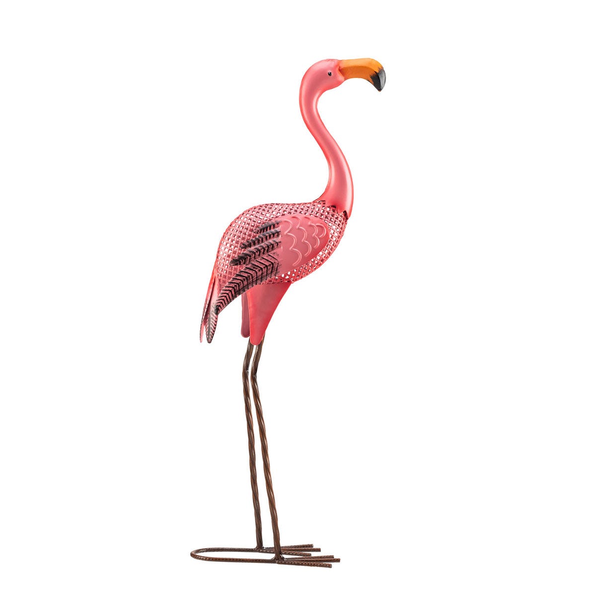 Pink metal flamingo garden ornament with detailed feather patterns, a bright orange beak, and long brown legs, designed to add a whimsical touch to outdoor spaces.