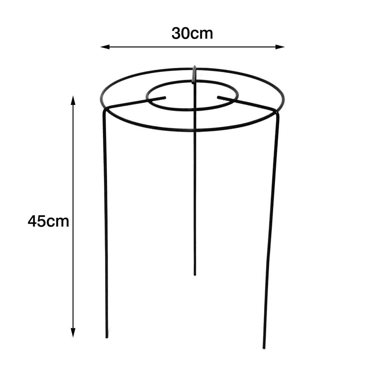 Green metal double round grow-through grid support, measuring 30cm in diameter and 45cm in height, designed to support plants in gardens.