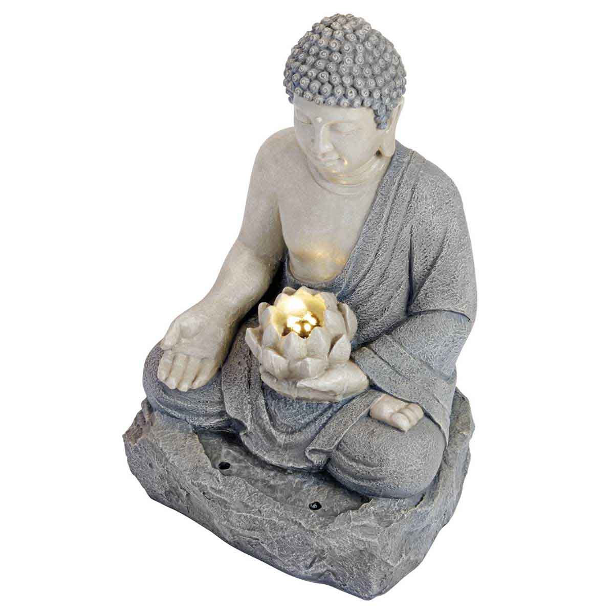 Serenity Buddha water feature in grey, featuring a seated Buddha holding a lotus flower, with a textured stone base and illuminated flower detail.