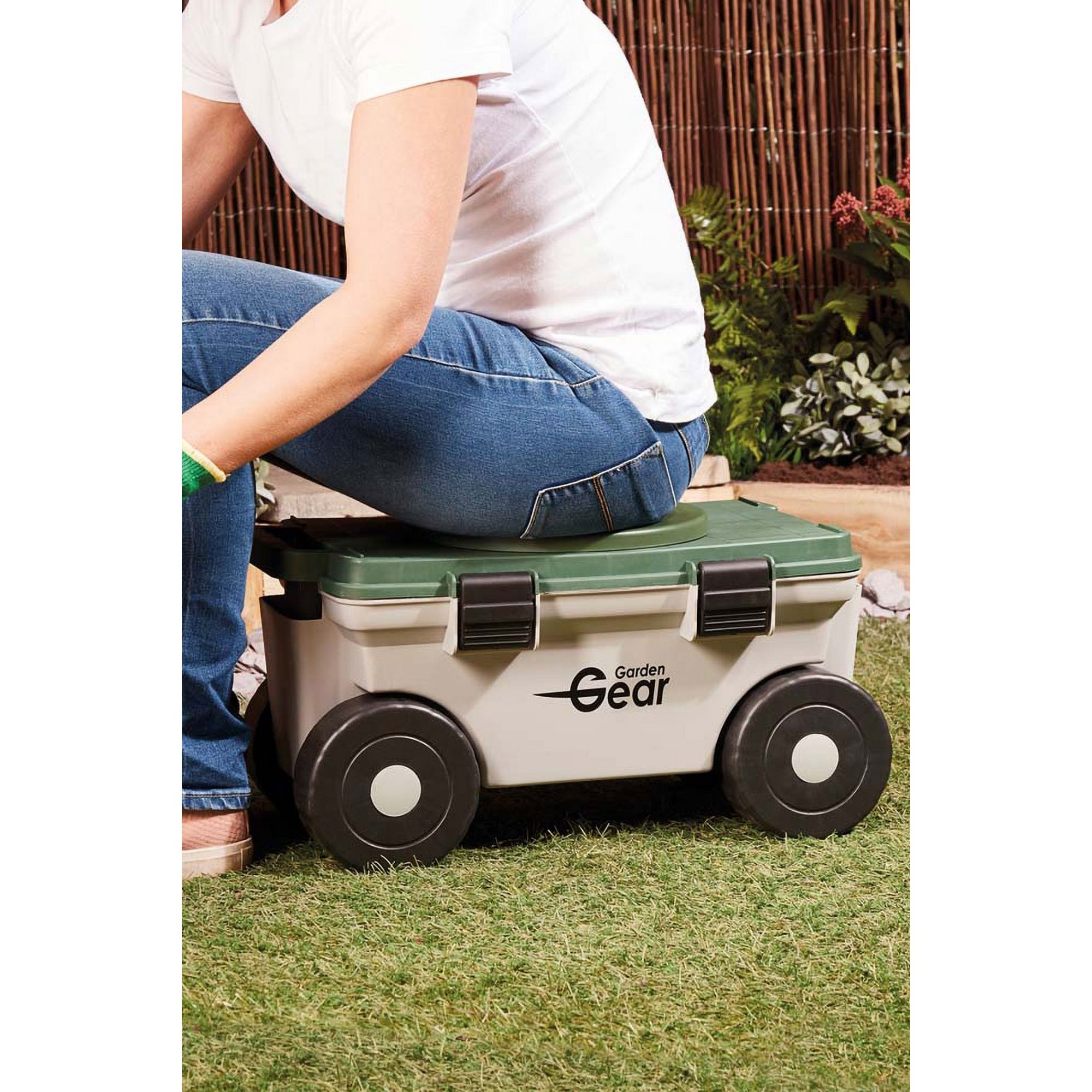 Garden Gear's Thompson & Morgan Garden Mobile Rotating Seat & Tool Store features a green and gray plastic design with wheels, providing a comfortable seat and storage for gardening tools.