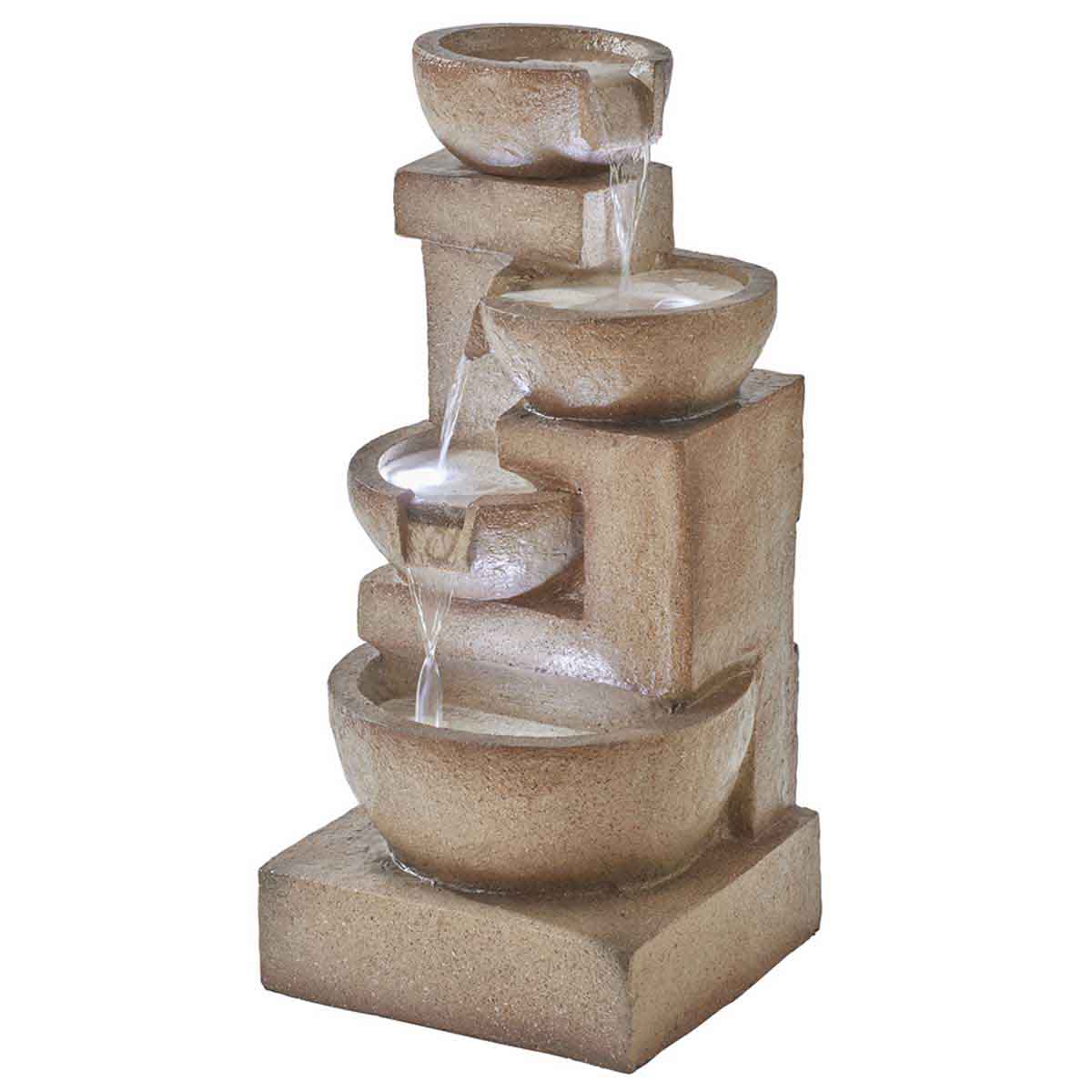 Four-tiered water feature in grey with a modern design, featuring cascading bowls and a textured finish, perfect for enhancing garden aesthetics.