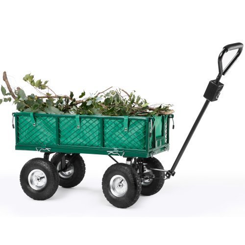 Green metal garden trolley with a mesh design, black handle, and four sturdy wheels, filled with branches and leaves for easy transport.