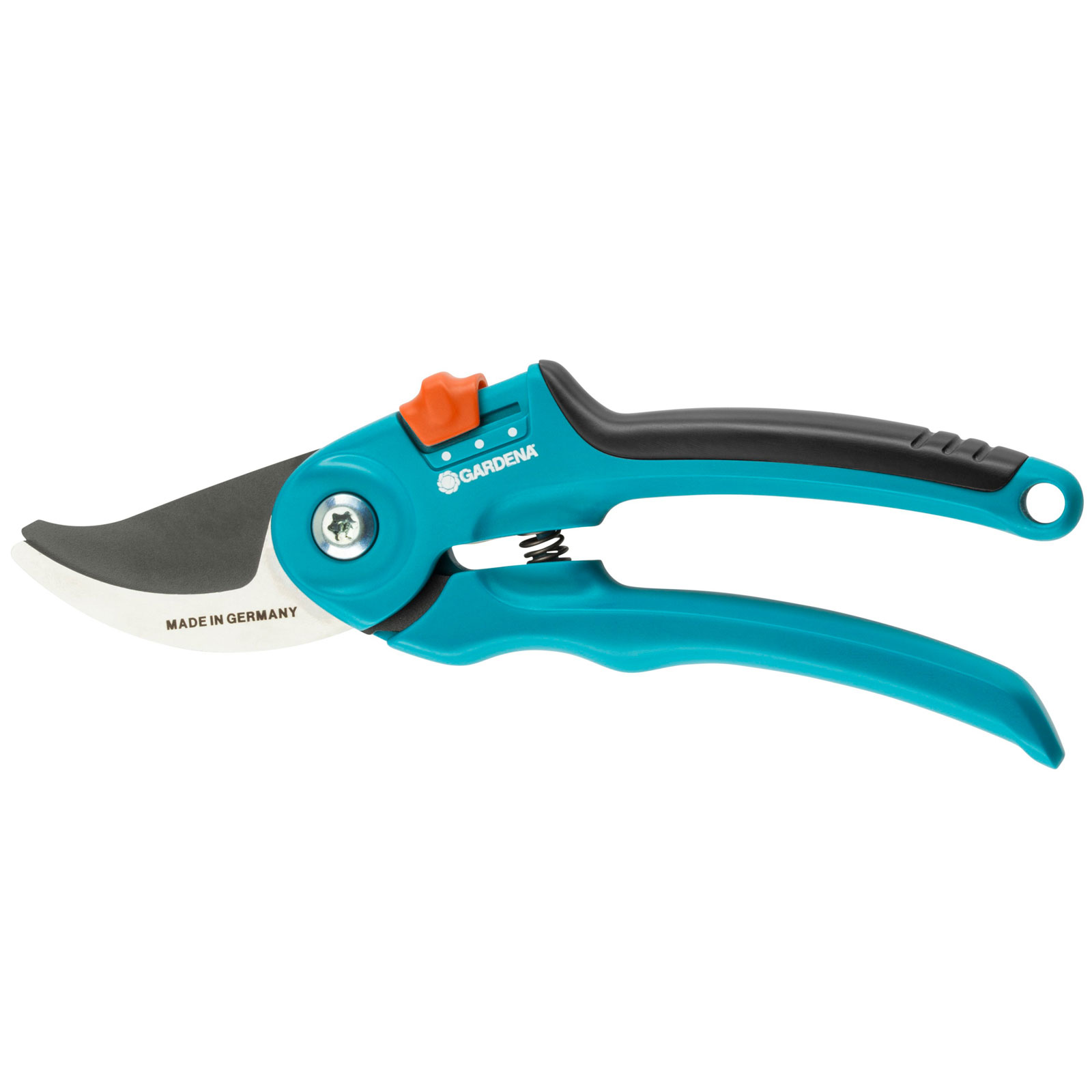 Gardena B/S-M Classic Bypass Secateurs feature a black and turquoise ergonomic handle, a sharp stainless steel blade, and an orange safety button, designed for comfortable pruning.