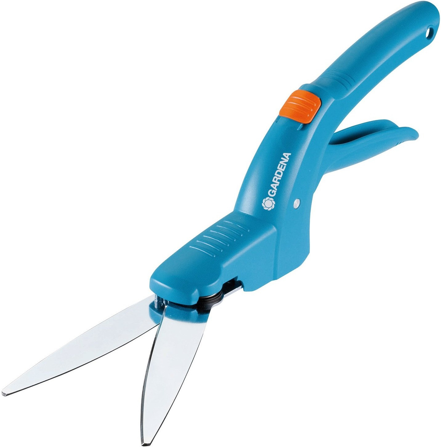 Blue Gardena grass shears with horizontal blades, featuring an ergonomic handle and an orange safety button, designed for precise trimming of grass edges.