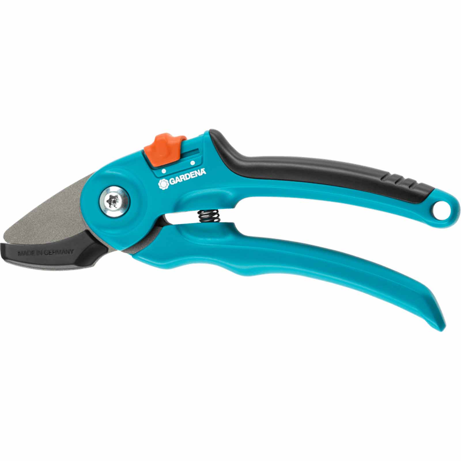 Gardena Supercut a/S Anvil Secateurs with a turquoise and black ergonomic handle, orange safety button, and stainless steel blade for precise cutting.