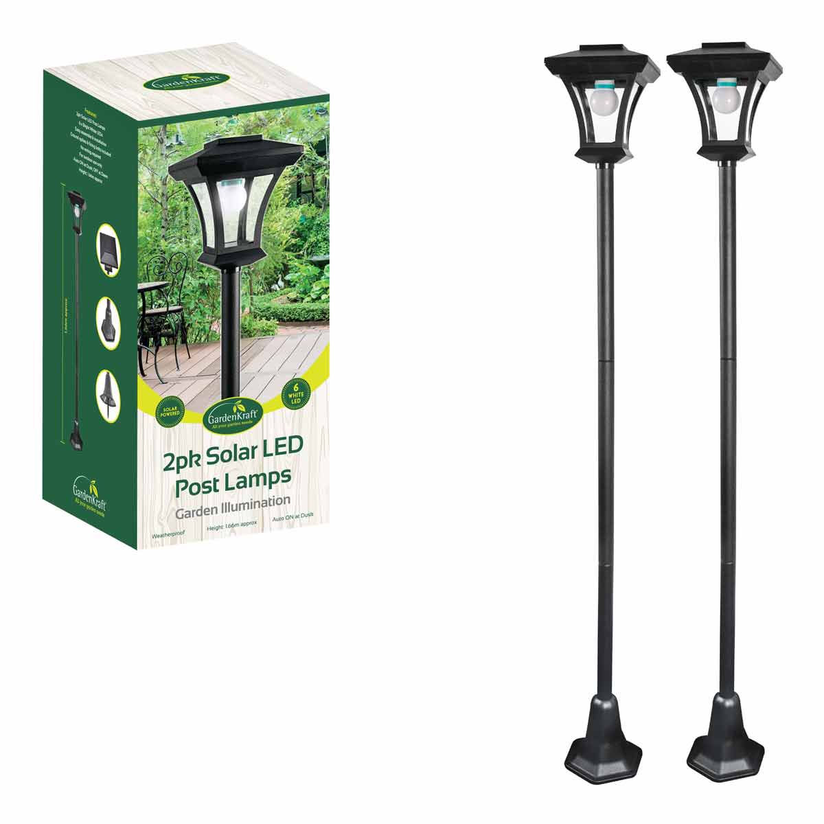 Two black solar-powered LED lamp posts with adjustable height, featuring a classic lantern design, packaged in a green box with images of garden illumination.