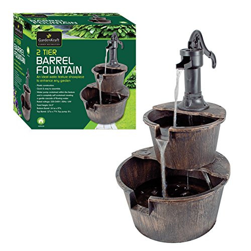 Two-tier barrel fountain in dark brown resin with a vintage-style pump, featuring cascading water flow and a 2.55m cable, ideal for garden decoration.