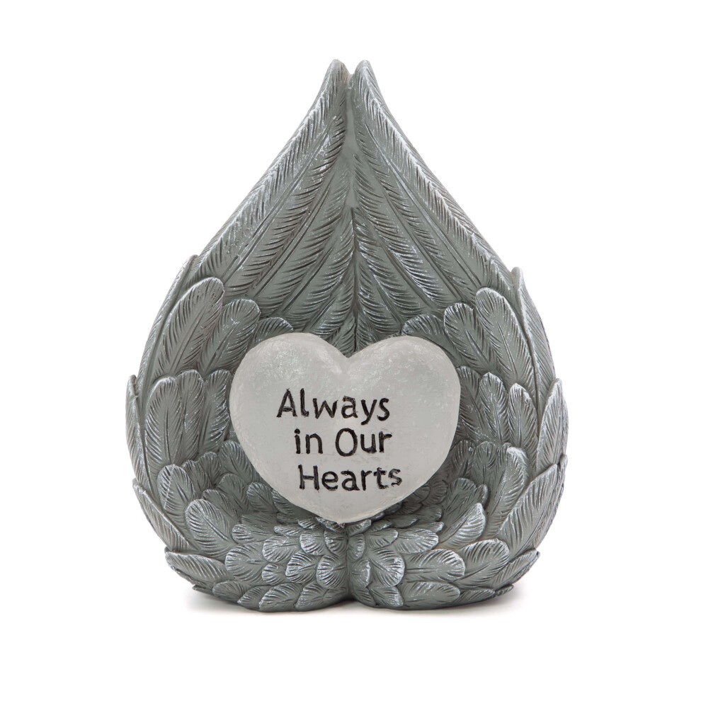 Gray angel wings ornament with intricate feather details, featuring a heart-shaped center inscribed with "Always in Our Hearts," designed for outdoor use with solar LED lighting.