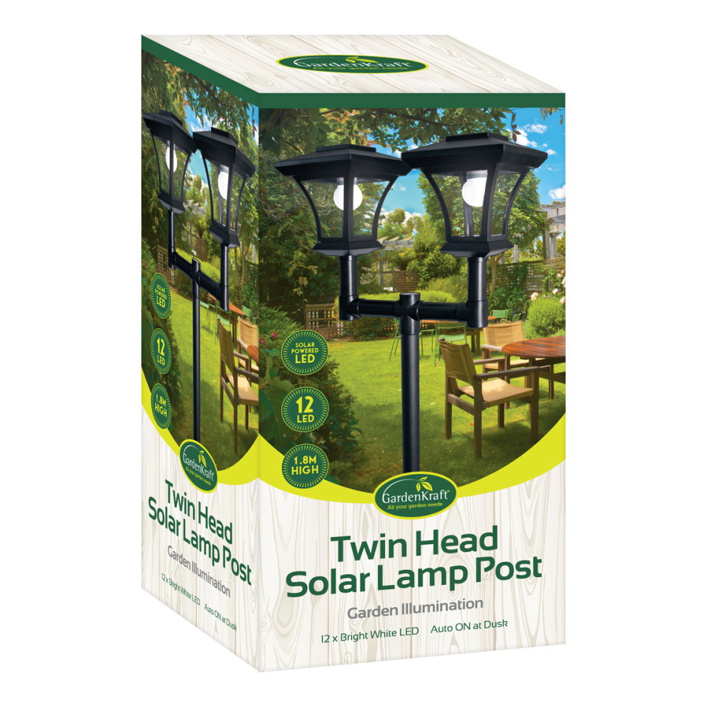 Twin head decorative solar lamp post in black with clear glass panels, featuring 12 bright white LEDs, standing 1.8 meters tall, designed for garden illumination.