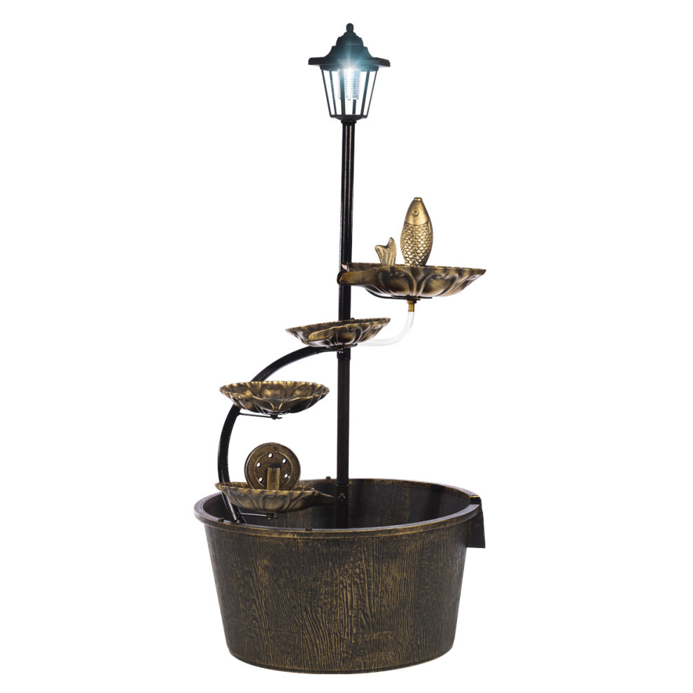 Brown outdoor cascading fountain features three tiered bowls, a fish accent, and a decorative lamp on top, all set in a dark brown base.