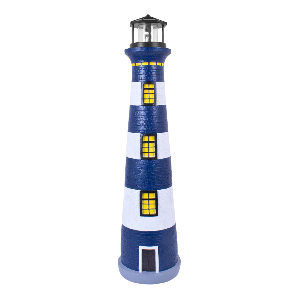 A 75cm tall solar revolving LED lighthouse featuring a blue and white striped design, with yellow windows and a black lantern top, made from durable material for outdoor use.
