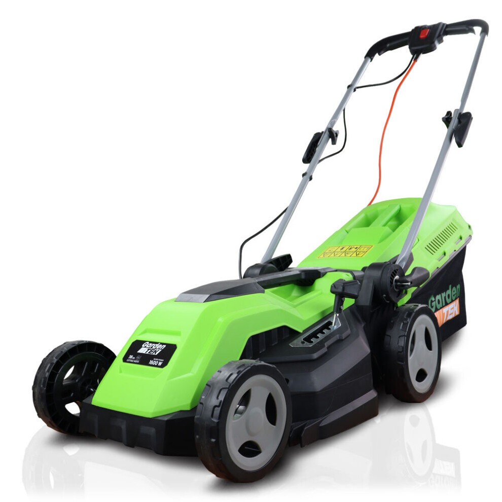 Bright green and black corded electric rotary lawnmower with a rear roller, featuring a sturdy handle, large wheels, and a collection bag for grass clippings.