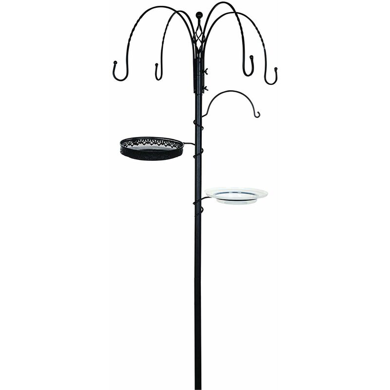 Black metal decorative feeding station with multiple hooks and two feeding trays, featuring a stylish design for attracting birds to gardens.