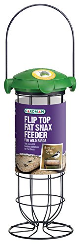 Green and black metal bird feeder with a transparent cylindrical container, featuring a flip-top lid and a wire frame for hanging, labeled for feeding wild birds.