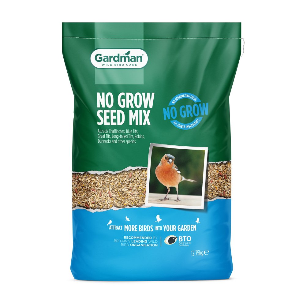 Green and blue bag of Gardman Wild Bird Food No Grow Seed Mix, featuring a photo of a bird on the front, with a weight of 12.75kg and text highlighting its benefits for attracting birds.