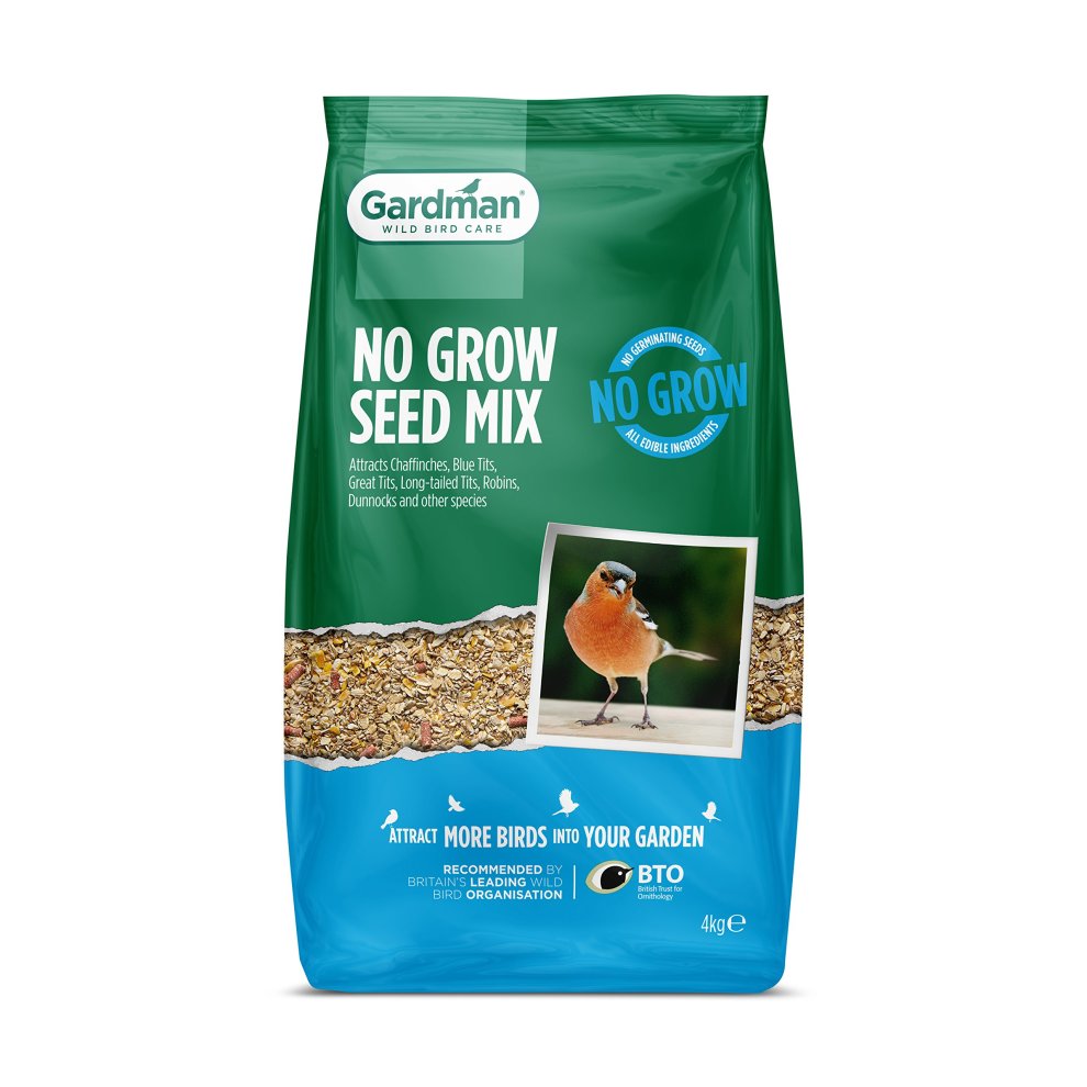 Green and blue bag of Gardman Wild Bird Food No Grow Seed Mix, 4kg, featuring a photo of a bird on the front and text highlighting its no grow feature.
