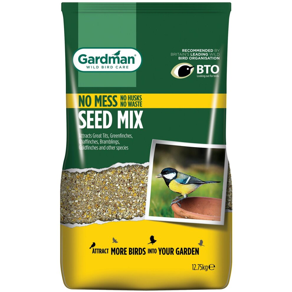 Gardman Wild Bird Food No Mess Seed Mix in a green and yellow bag, featuring a photo of a bird on a feeder, designed to attract various bird species, weighing 12.75kg.