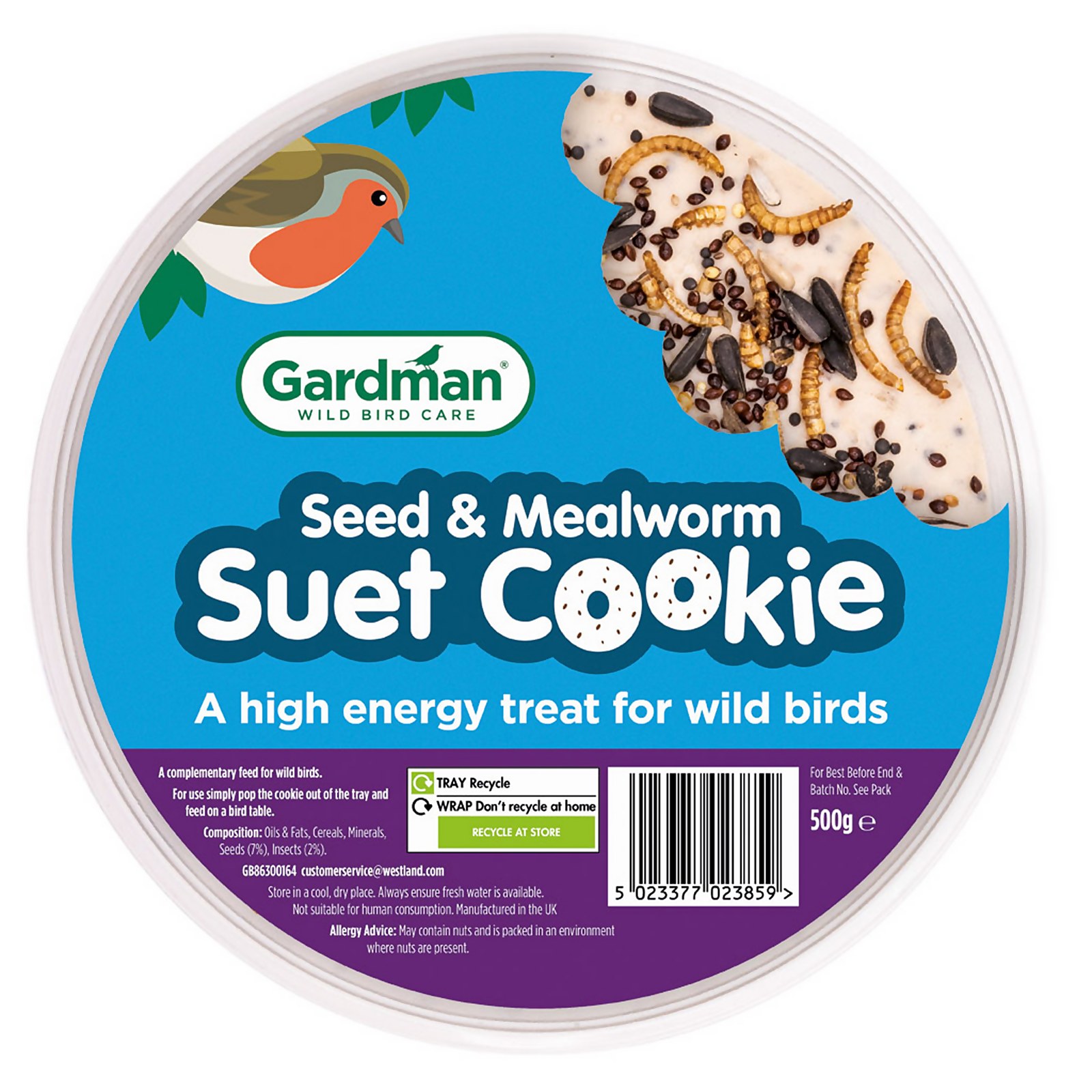 Round plastic container with a blue label featuring a bird, containing a white suet cookie with seeds and mealworms, labeled as a high-energy treat for wild birds.