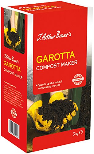 Red and yellow box of Westland Garotta Compost Maker, featuring a person in yellow gloves holding dark compost, with text emphasizing its composting benefits.