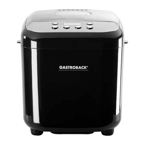 Black Gastroback Design Automatic Bread Maker Pro featuring a sleek exterior, control panel with buttons on top, and a compact cube shape for easy countertop placement.
