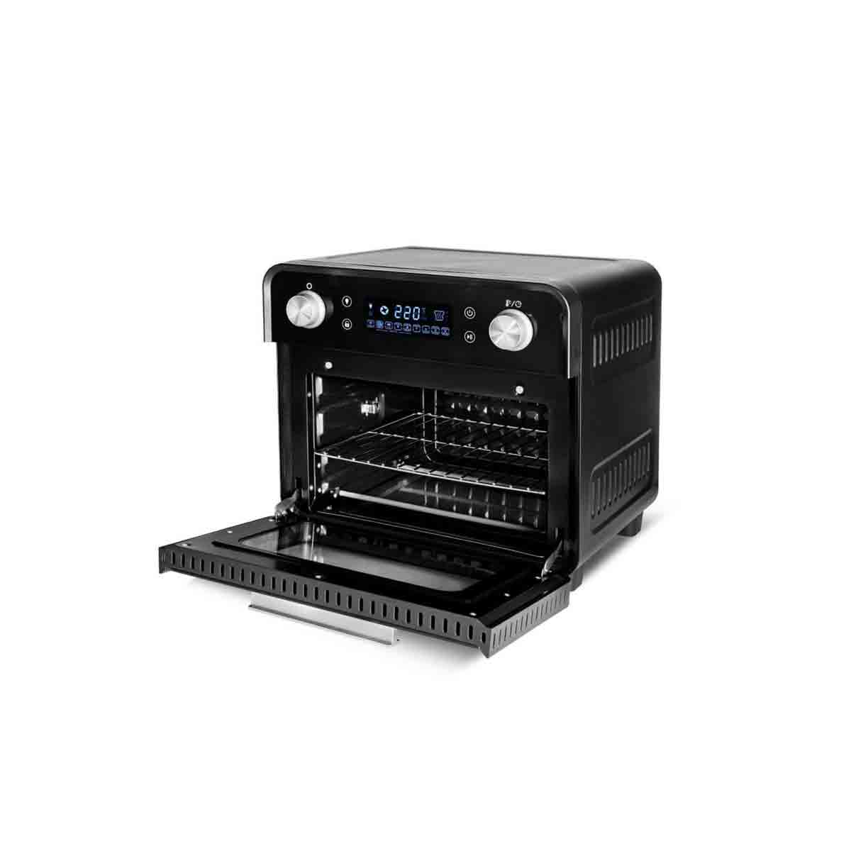 Black Gastroback Design Oven Air Fry & Pizza Oven (62815) features a sleek design, digital display, two control knobs, and an open door revealing a spacious interior with wire racks.