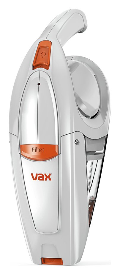 White handheld vacuum cleaner with orange accents, featuring a clear dust container, a filter indicator, and an ergonomic design for easy handling.