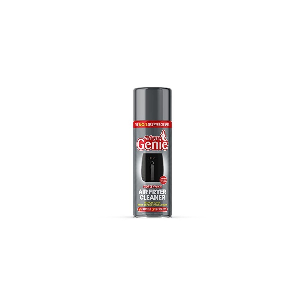 Genie Air Fryer Foam Cleaner in a sleek silver can, featuring a black nozzle and bold red label, designed for easy cleaning of air fryers with a focus on effectiveness.