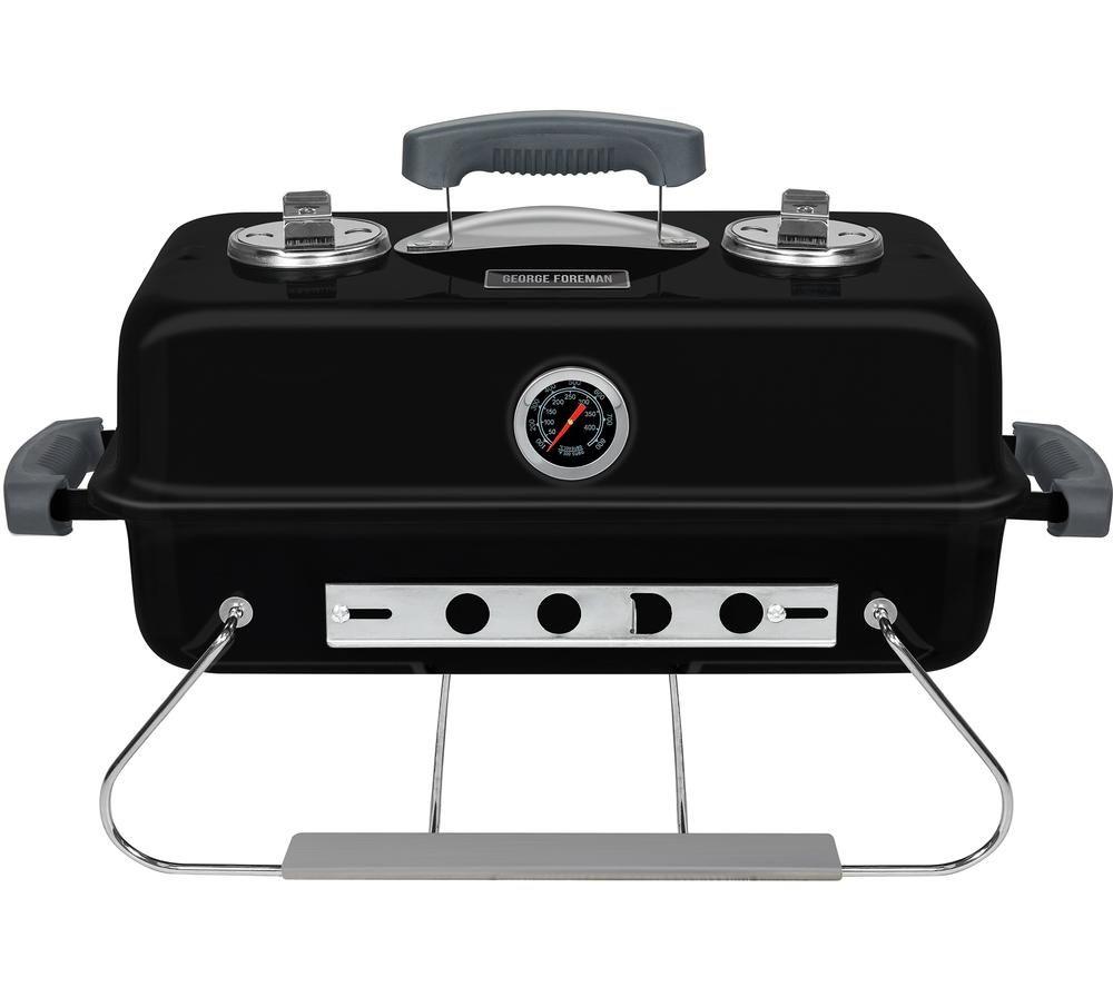 Black charcoal barbecue grill with a heat-resistant carry handle, two adjustable air vents, a front temperature gauge, and sturdy metal legs for stability.