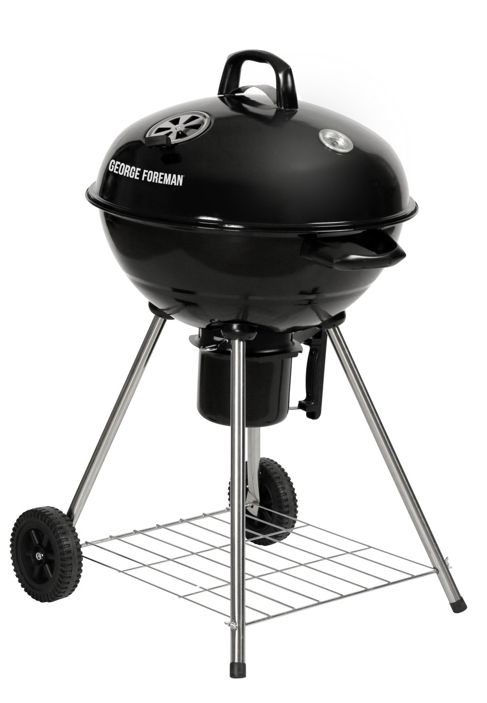 Round black kettle charcoal BBQ with integrated thermometer, chrome legs, wheels for mobility, and a bottom wire shelf for storage, designed by George Foreman.