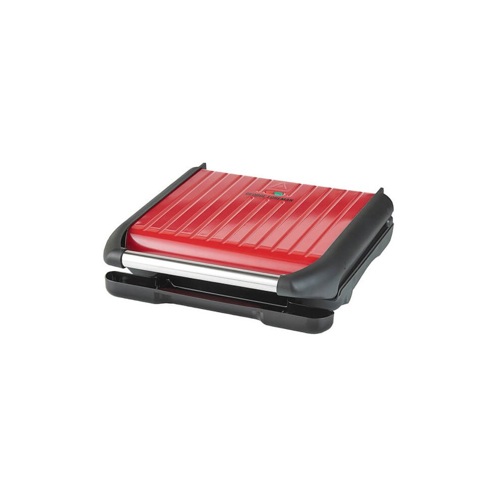 Large red George Foreman grill with a ridged cooking surface, black plastic casing, and a compact design, ideal for entertaining and grilling indoors.