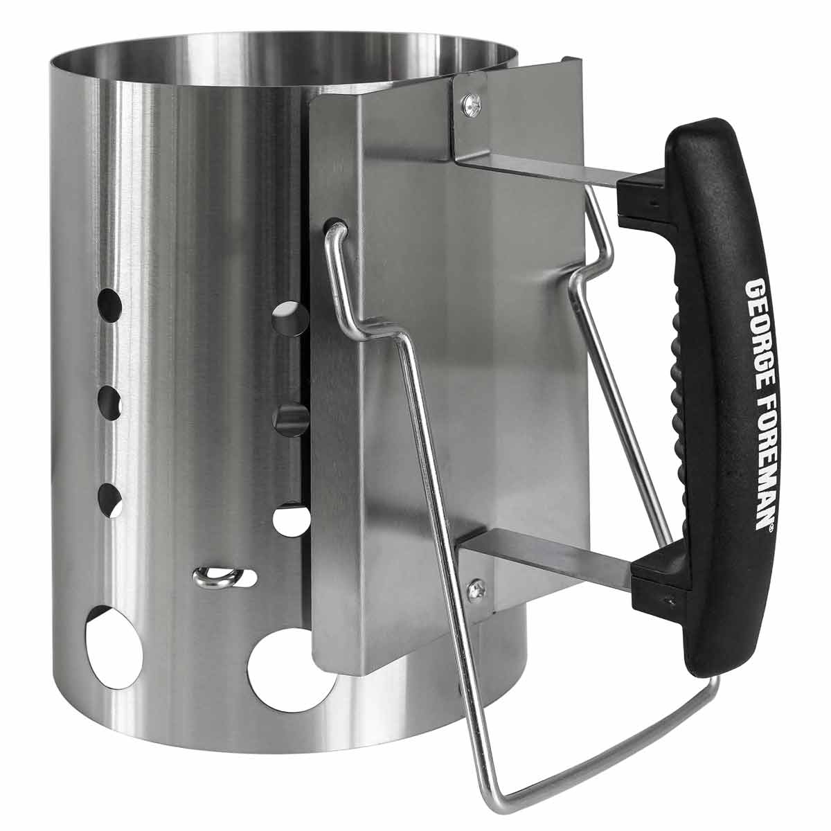 Compact stainless steel chimney starter in silver with a black handle, featuring ventilation holes for efficient charcoal lighting and a sturdy design for easy handling.