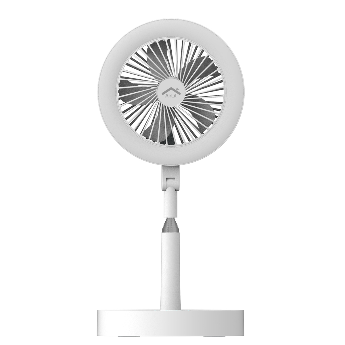 White GSP AirGo AirLit Fan by GeoSmartPro featuring a circular design, sleek base, adjustable neck, and a modern blade pattern for efficient airflow.