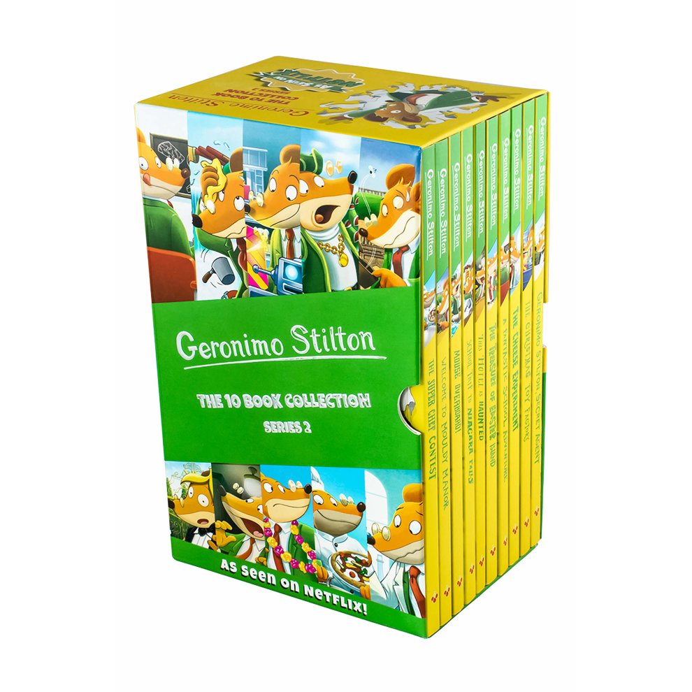 Colorful box set featuring ten books from the "Geronimo Stilton: Series 2," with vibrant illustrations of characters on the cover and a bright green and yellow design.