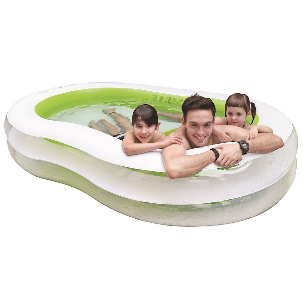 Giant inflatable figure-of-eight family pool in white and green, measuring 240x140x47 cm, with a man and two children enjoying the water inside.