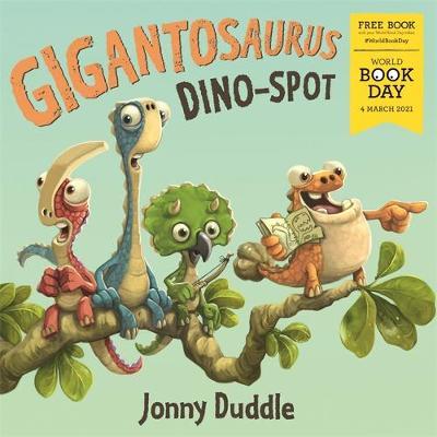 Colorful book cover featuring four cartoon dinosaur characters on a tree branch, with a light green background and a yellow "World Book Day" badge in the top right corner.