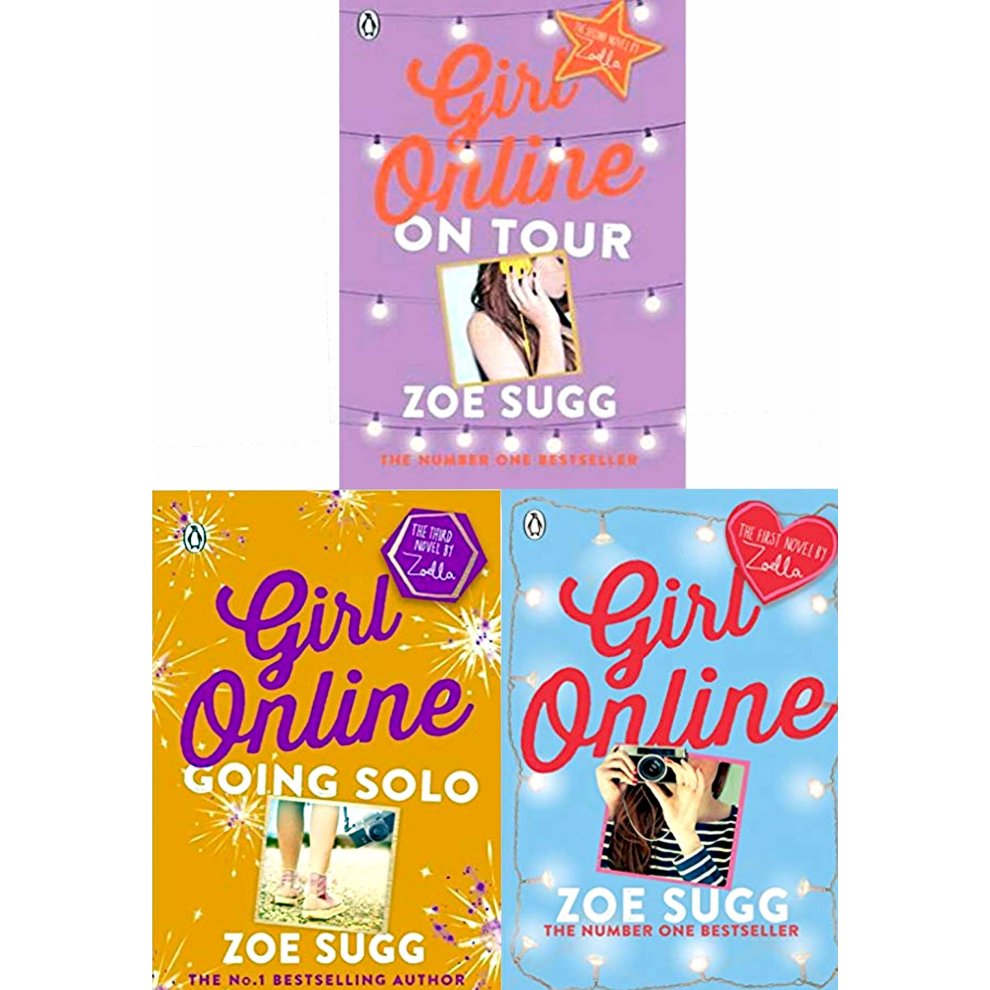 Three colorful books from the "Girl Online" series by Zoe Sugg, featuring pastel covers in purple, orange, and blue, adorned with playful graphics and string lights.