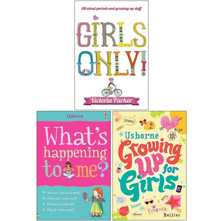 Three colorful book covers featuring "Girls Only!" in bold pink, "What's Happening to Me?" with playful illustrations, and "Growing Up for Girls" with vibrant designs and pastel colors.