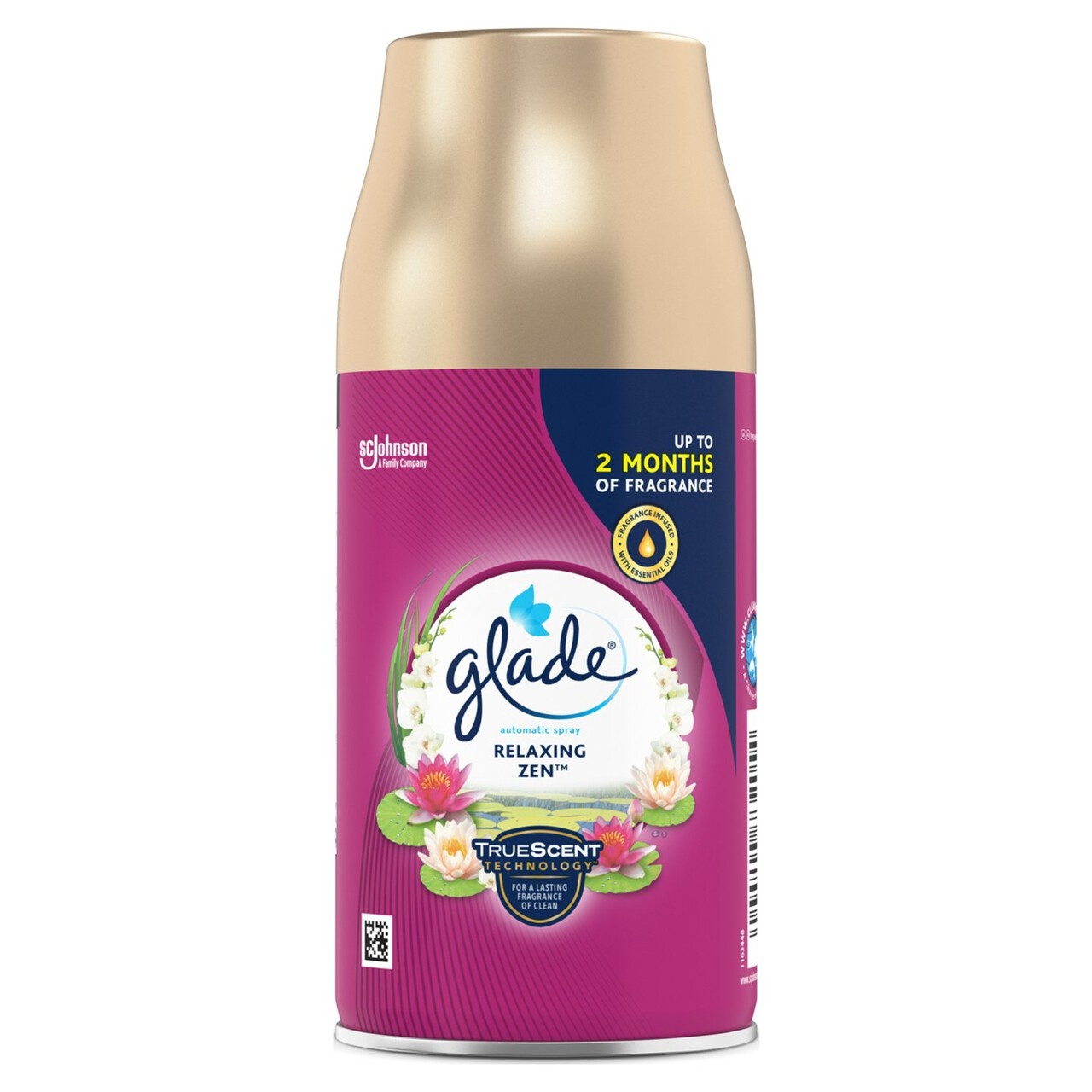 Glade Automatic Spray Refill in a vibrant purple can with a gold top, featuring floral designs and the label "Relaxing Zen" for a soothing air freshener experience.