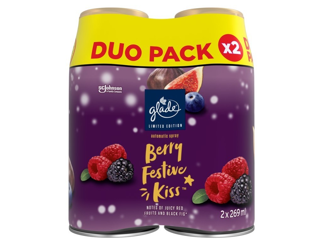 Two-pack of Glade Automatic Spray Refill, 269ml each, featuring a festive purple design with berry illustrations and the text "Berry Festive Kiss."