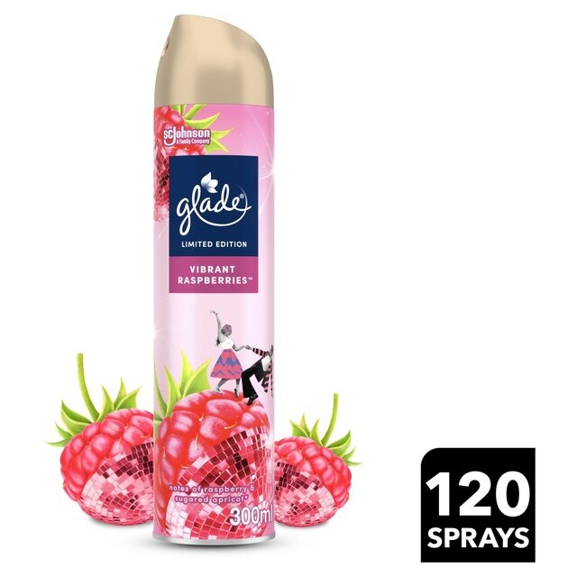 Glade Aerosol Vibrant Raspberries Air Freshener in a pink and gold can, featuring raspberries and a disco ball design, with 300ml capacity and 120 sprays.