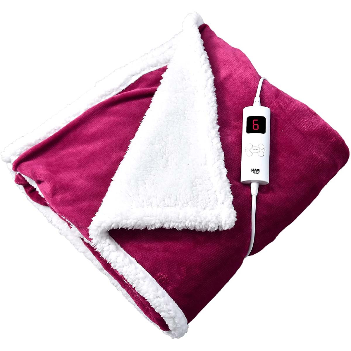 Deep pink fleece electric throw blanket with a soft white sherpa lining, measuring 160 x 130 cm, featuring a digital control panel for heat settings.
